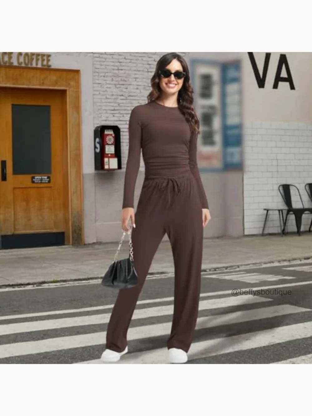 Women's 2-Piece Lounge Set Long Sleeve Wide Leg Joggers Soft Rayon Spandex - Picture 5 of 7